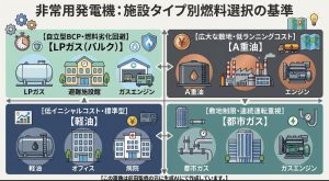 日本の非常用発電機は、実績や低コスト、高出力を理由に液体燃料（軽油・A重油）が約9割を占め、小型から大型施設まで広く採用されている。残る約1割の気体燃料（都市ガス・LPガス）は、都市部のビルや病院などで選ばれている。
