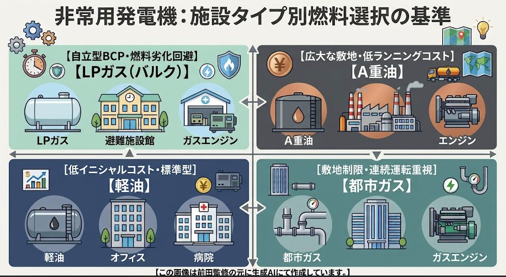 日本の非常用発電機は、実績や低コスト、高出力を理由に液体燃料（軽油・A重油）が約9割を占め、小型から大型施設まで広く採用されている。残る約1割の気体燃料（都市ガス・LPガス）は、都市部のビルや病院などで選ばれている。